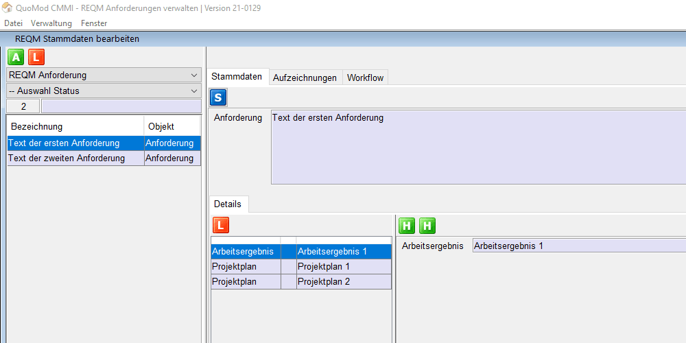 Anforderungen verwalten – REQM CMMI konform mit Software unterstützen | Version 21-0129, Bildschirmfoto 2: Auswahl von Anforderungen