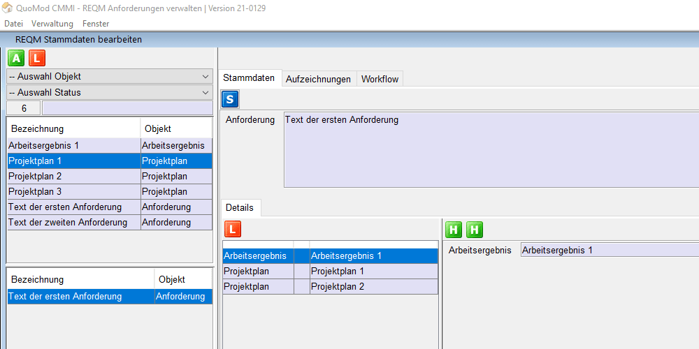 Anforderungen verwalten – REQM CMMI konform mit Software unterstützen | Version 21-0129, Bildschirmfoto 1: Auswahl von Projektplänen
