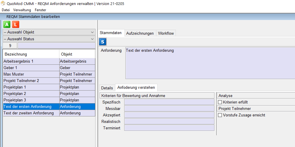 Anforderungen verstehen – REQM Kriterien smart und konform zur CMMI in der Software positionieren | Version 21-0205, Bildschirmfoto 3: “Anforderung verstehen” Reiter mit Analyse und Projekt Teilnehmer Abschnitt neben den Kriterien für Bewertung und Annahme