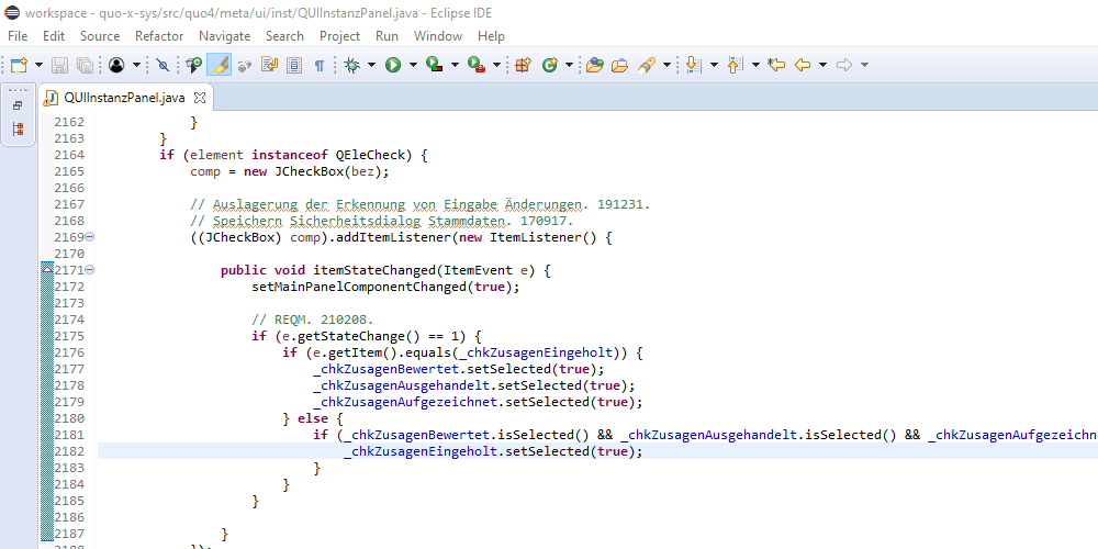 Version 21-0212, Zusagen zu Anforderungen einholen, Bildschirmfoto 3: Eclipse Java Programmierung der Beobachtung der Optionen Eingaben