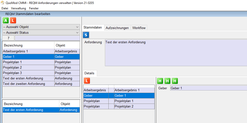 Anforderungen verstehen – REQM Kriterien smart und konform zur CMMI in der Software positionieren | Version 21-0205, Bildschirmfoto 1: Zuweisung Geber mit bidirektionalem Aufruf der Anforderung im unteren dargestellten Bereich