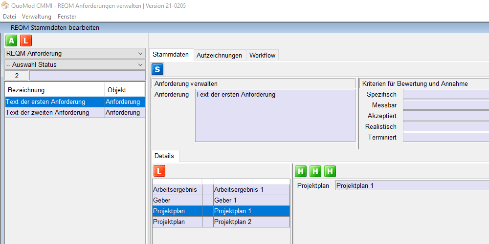 Anforderungen verstehen – REQM Kriterien smart und konform zur CMMI in der Software positionieren | Version 21-0205, Bildschirmfoto 2: Überschrift mit den ersten Kriterien neben dem Text der Anforderung