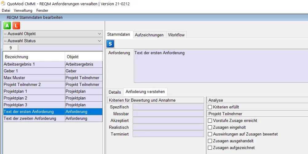 Version 21-0212, Zusagen zu Anforderungen einholen, Bildschirmfoto 1: Neue Optionen unter der Projekt Teilnehmer Überschrift