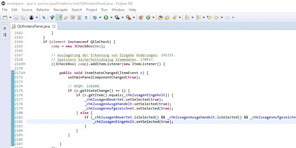 Version 21-0212, Zusagen zu Anforderungen einholen, Bildschirmfoto 3: Eclipse Java Programmierung der Beobachtung der Optionen Eingaben